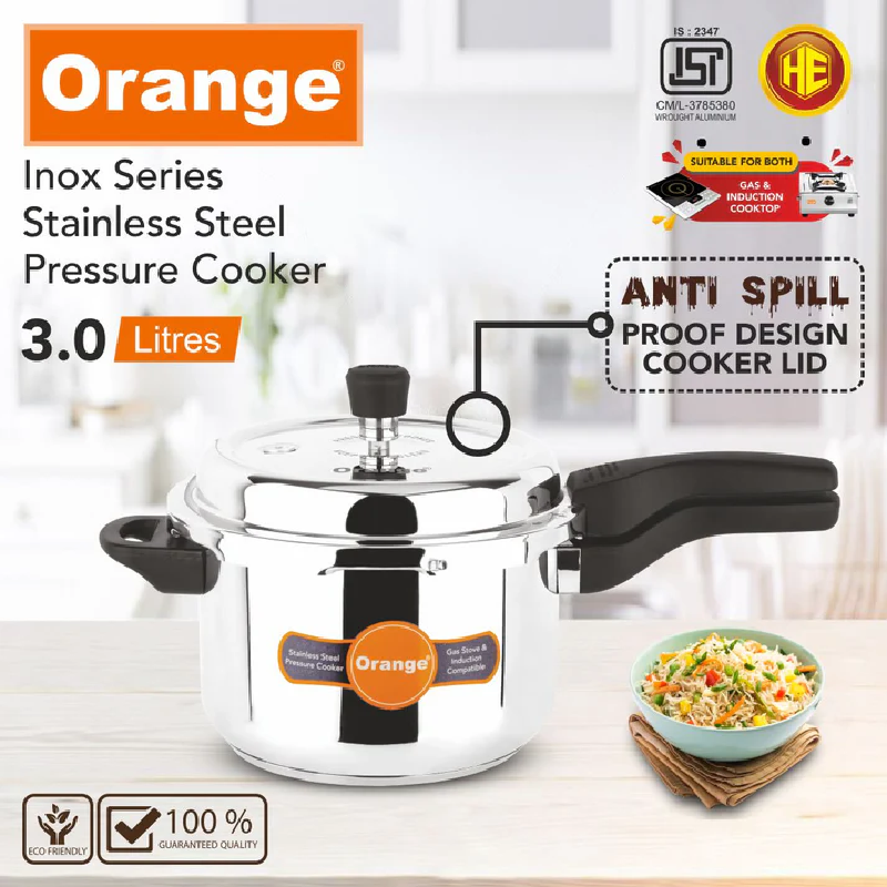 Orange Stainless Steel Pressure Cooker 3L With Outer Lid Inox Series Ospc550