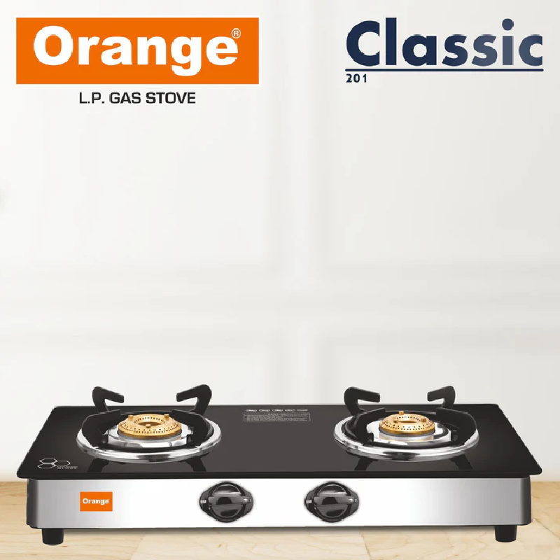 Orange Gas Stove Neo 201 With 2 Burner, Toughened Glass Top Olpg230