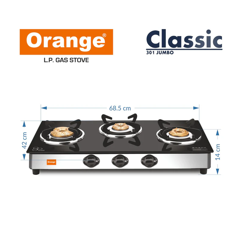 Orange Gas Stove Elegant 301 With 3 Burner, Toughened Glass Top Olpg275