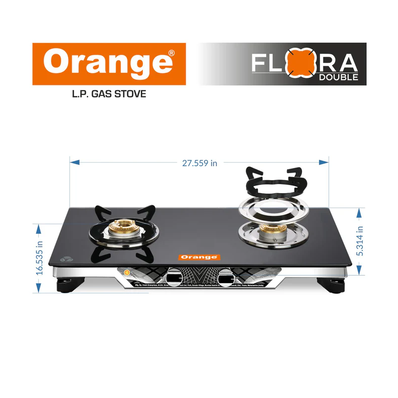Orange Gas Stove Flora 201 With 2 Burner, Toughened Glass Top Olpg249
