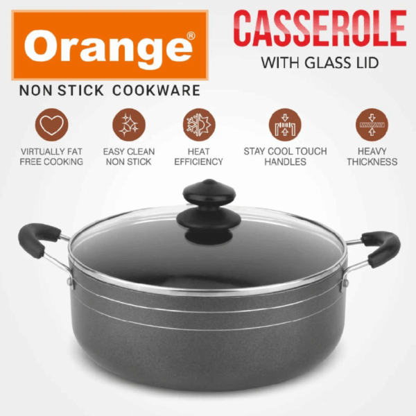 Orange Cook &Amp; Serve Non-Stick Casserole 24Cm 3.8L With Glass Lid Onsc036