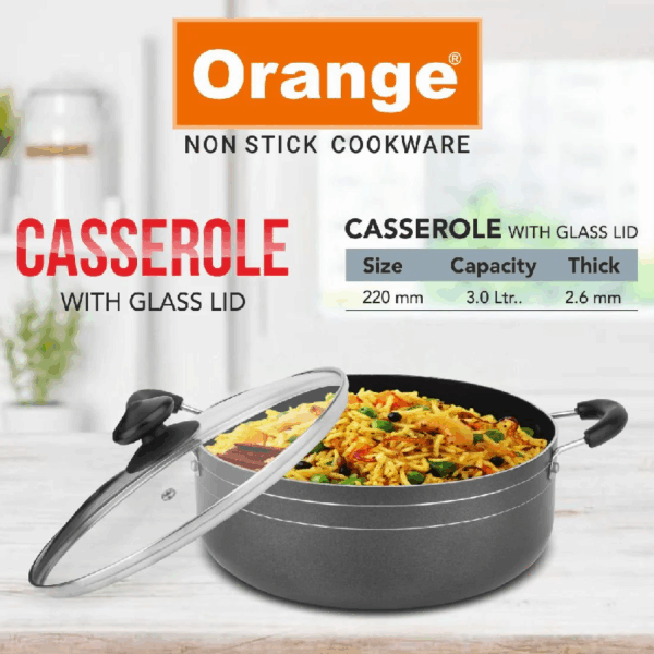 Orange Cook &Amp; Serve Non-Stick Casserole 26Cm 4.5L With Glass Lid Onsc037