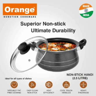 Orange No13 Non-Stick Handi 2.5L 190Mm With Glass Lid, Sturdy Handles Onsc041