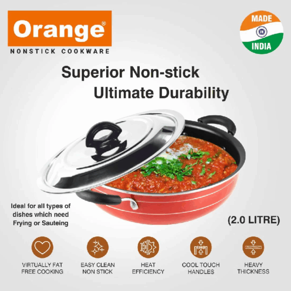 Orange Non-Stick Deep Kadai 7L With Stainless Steel Lid Onsc018