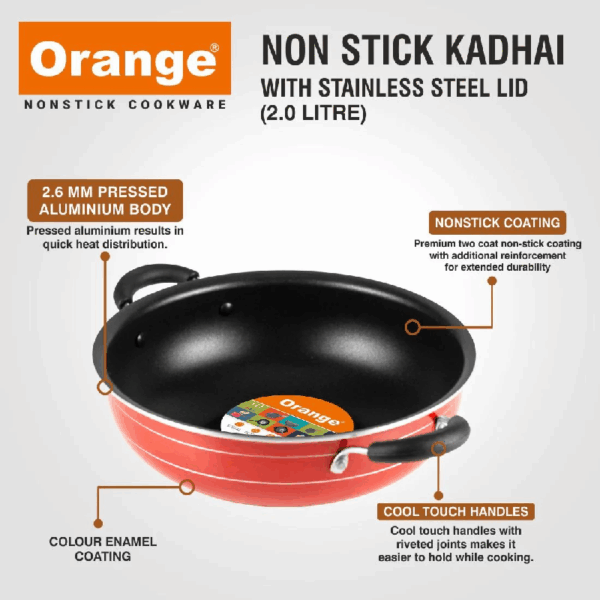 Orange Non-Stick Deep Kadai 4.5L With Stainless Steel Lid Onsc017