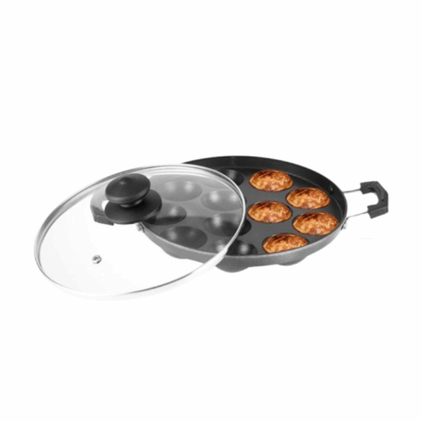 Orange Round Appam Vitumbua Kadai, Non-Stick With Glass Lid, 12 Cavity Grill Onsc076