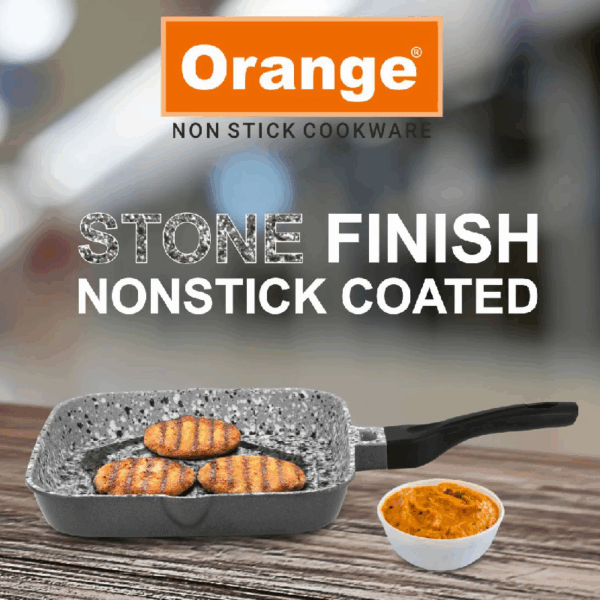 Orange Grill Pan Stone Finish 24Cm Non-Stick With Glass Lid, 5 Layer Coating Onsc397