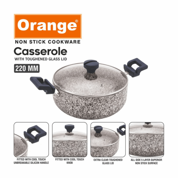 Orange Casserole Stone Finish Nonstick 22Cm With Toughened Glass Lid Onsc402