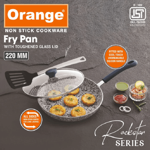 Orange Non-Stick Fry Pan Stone Finish 24Cm With Glass Lid Rockstar Series Onsc405