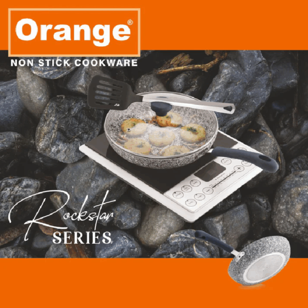 Orange Non-Stick Fry Pan Stone Finish 24Cm With Glass Lid Rockstar Series Onsc405