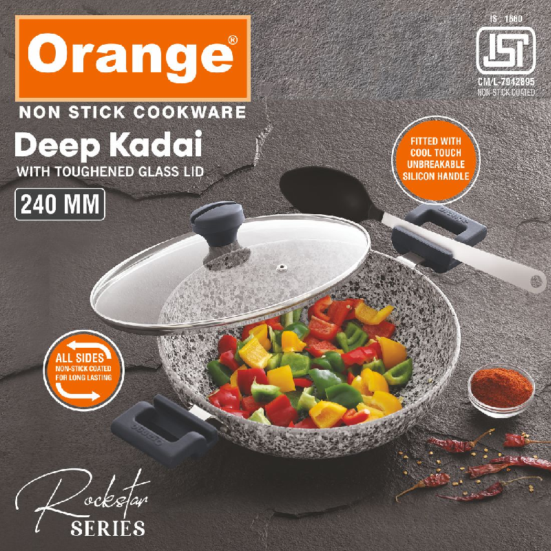 Orange Non-Stick Deep Kadai Stone Finish 24Cm With Glass Lid Rockstar Series Onsc406