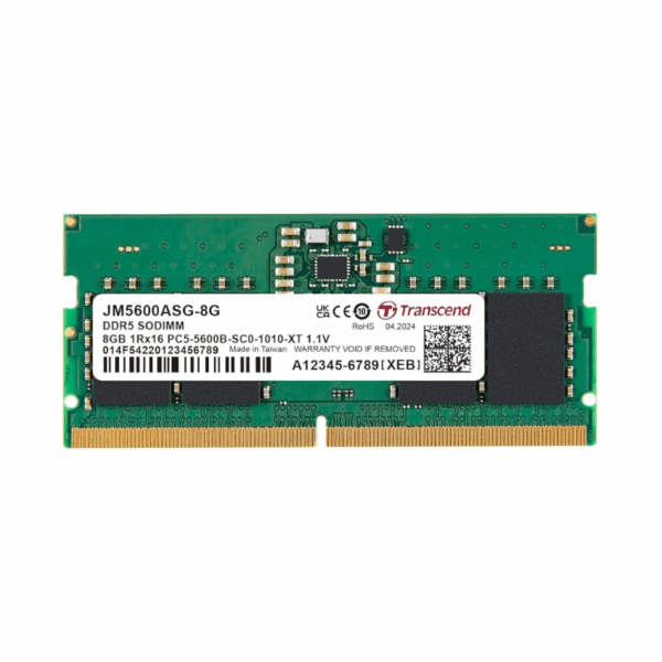 Transcend Laptop Memory Module - 8Gb Ram Ddr5 5600, So-Dimm, 1Rx16 Configuration, 1Gx16, Cl46, 1.1V, Jm5600Asg-8G.