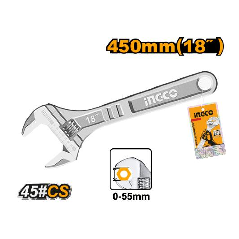Ingco Adjustable Wrench 450Mm(18&Quot;) With Adjustable Clamp, Carbon Steel Body Hadw131182