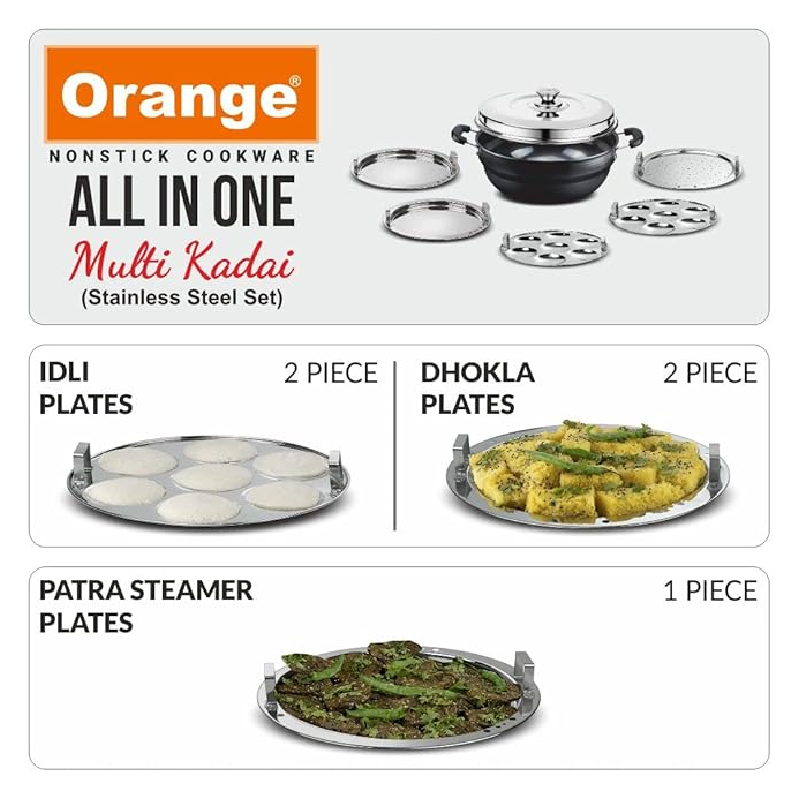 Orange All In One Multi Kadai With Idli, Dhokla &Amp; Patra Steamer Plates Ohac128
