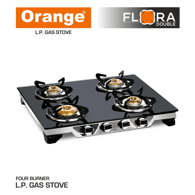Orange Gas Stove Flora 401 With 4 Burner, Toughened Glass Top Olpg251