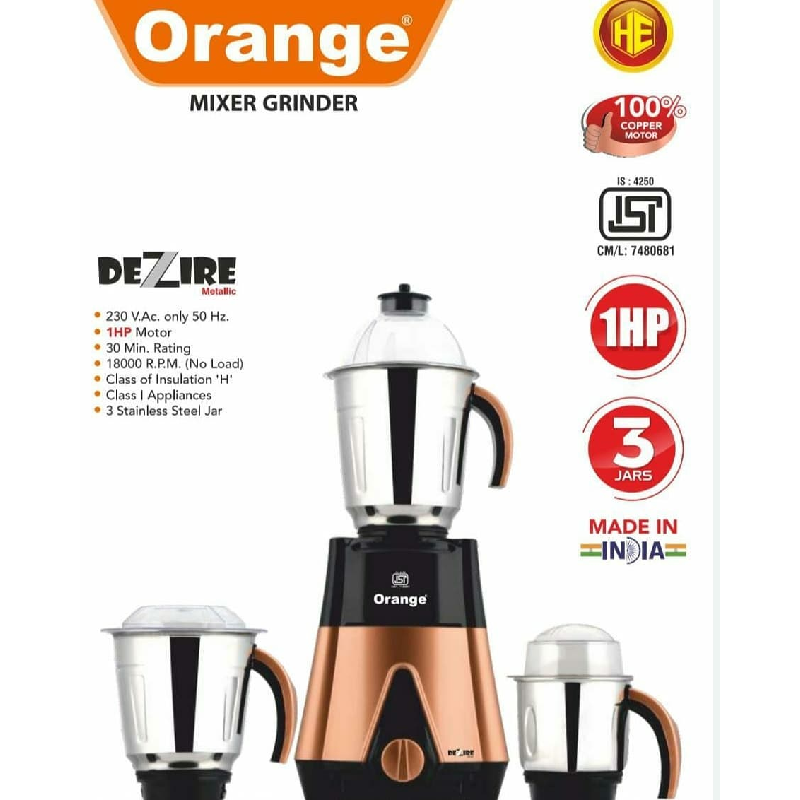 Orange Mixer Grinder 750W With 3Pcs Stainless Steel Jars Dezire 3