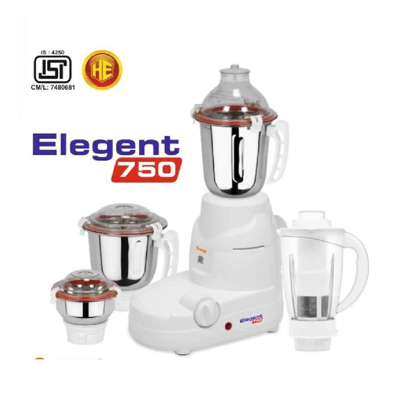 Orange Mixer Grinder 750W With 3Pcs Stainless Steel Jars, 1 Polycarbonate Juice Jar Elegant