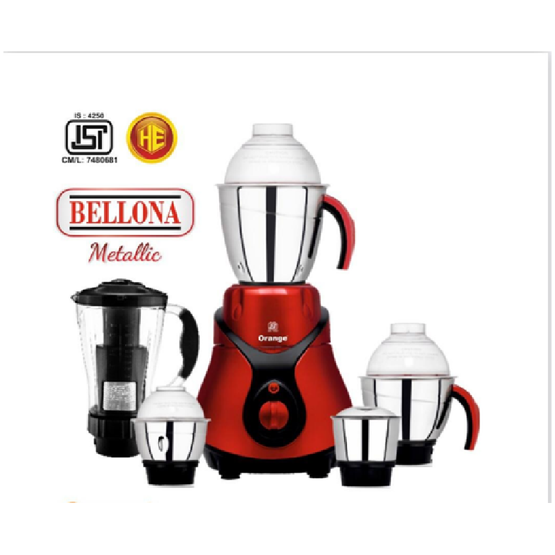 Orange Mixer Grinder 750W With 3Pcs Stainless Steel Jars, 1 Polycarbonate Juice Jar Bellona