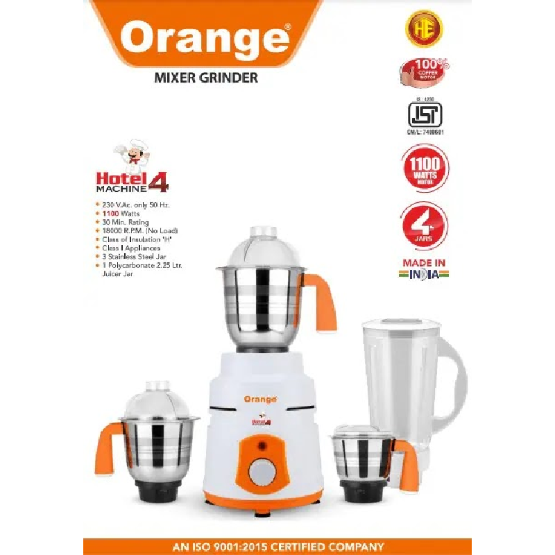 Orange Mixer Grinder 1100W With 3Pcs Stainless Steel Jars, 1 Polycarbonate Juice Jar Hotel Machine