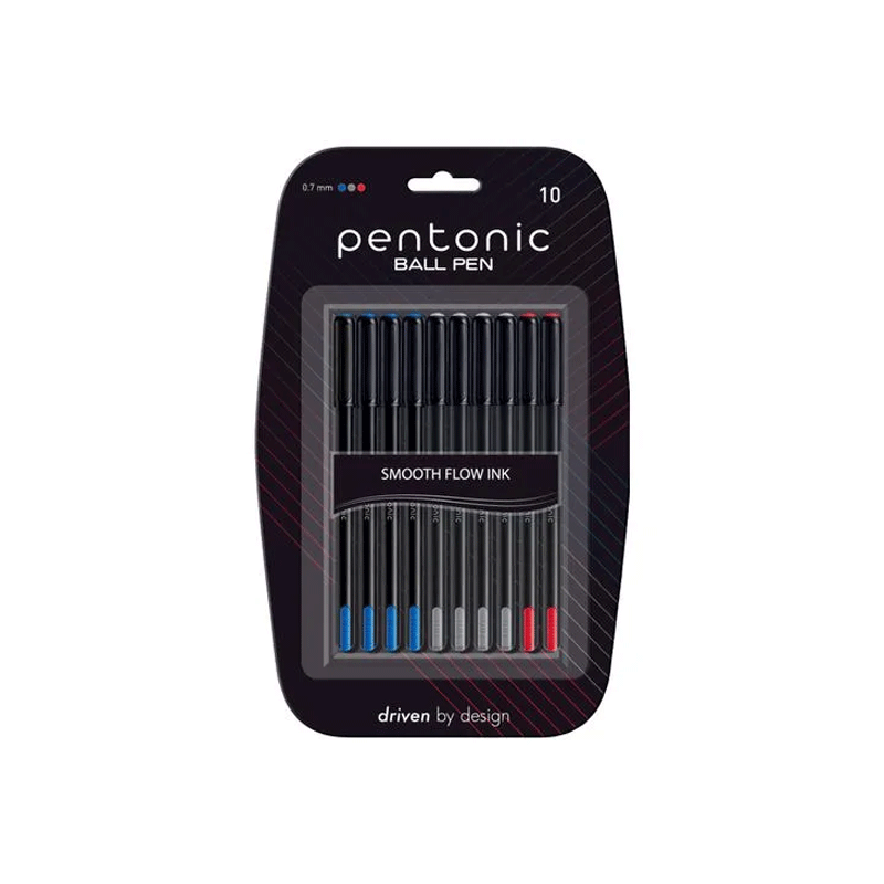 Pentonic Ballpen Smart And Elegant Pentonic, Super Long Lasting Ink, Nickel Silver Tip, Smooth And Smart Grip For Supreme Comfort Blue, Black And Red 10Pcs